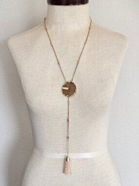 Agate Stone Slice & Bead Tassel Y Necklace